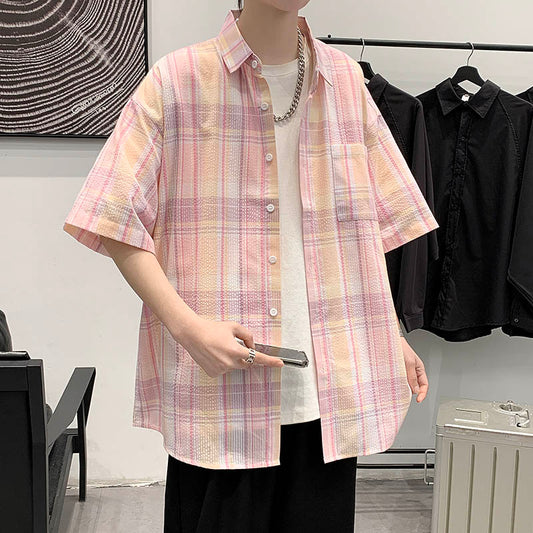 Men's Plus Size Plaid Shirts Fashion Casual Classic Style Comfortable Short Sleeve Shirt Male Striped Clothes