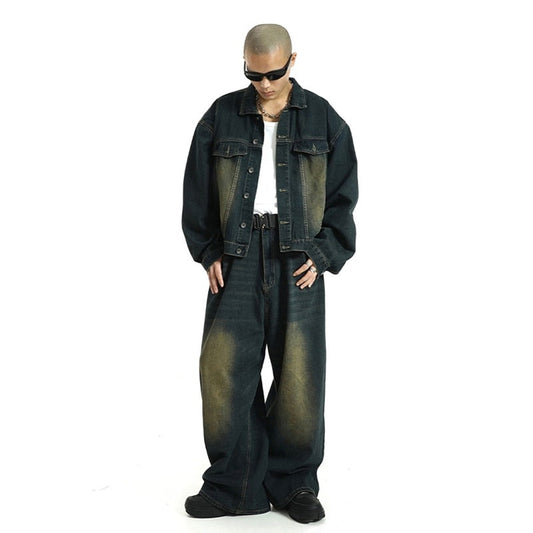 Blue Retro 90s Skater Men Baggy Jeans Brushed Colossus Grunge Y2k Pants Wide Leg Loose Street Style Hip Hop Trousers