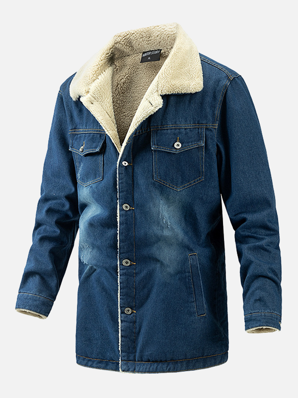 Foruwish - Denim Thick Fleece Jacket Sherpa Lined Turn Down Collar Coat for Cowboy