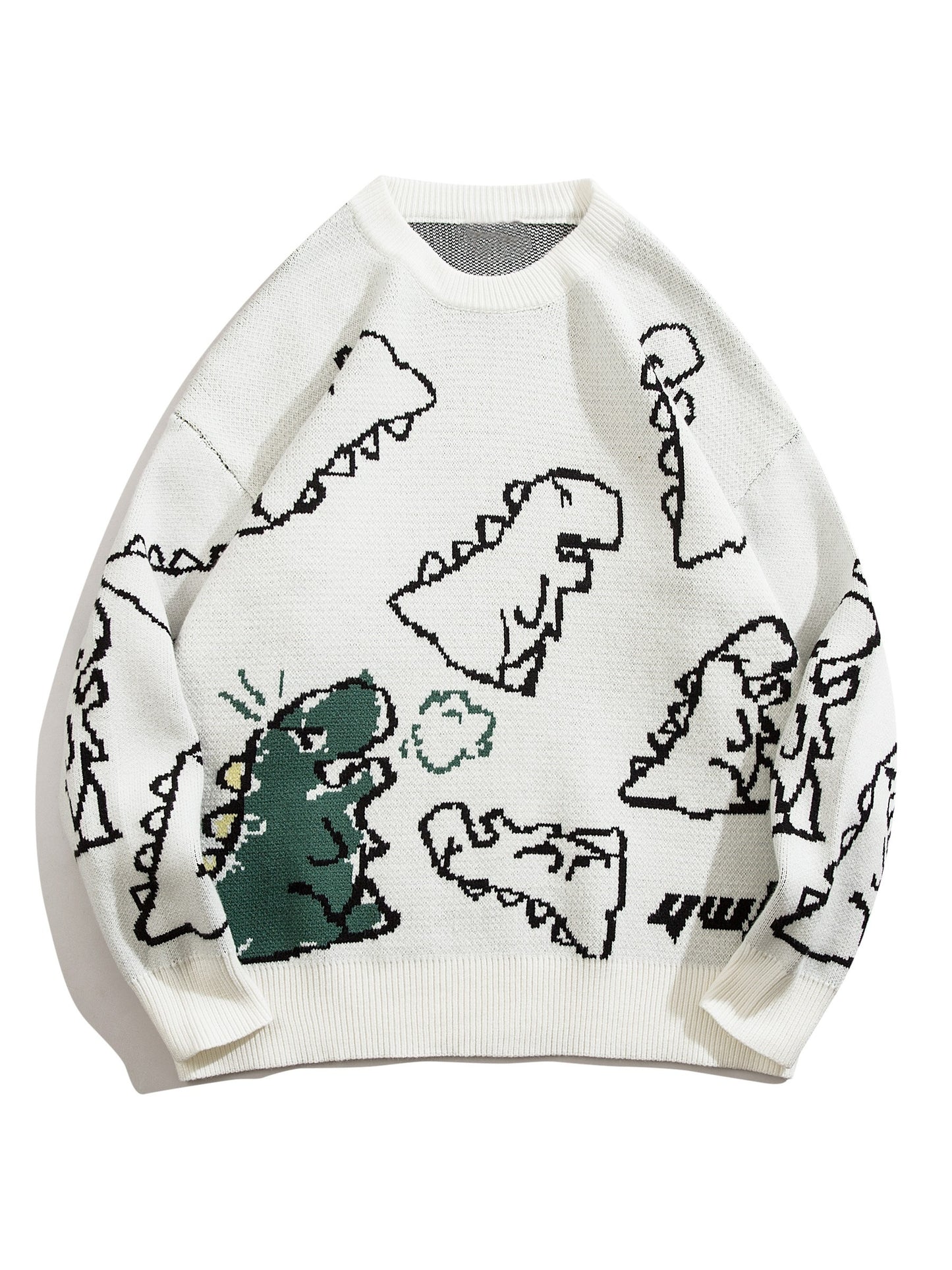 Foruwish - Cute Cartoon Dinosaur Pattern Knitted Sweater, Men's Casual Warm Slightly Stretch Round Neck Pullover Sweater For Fall Winter