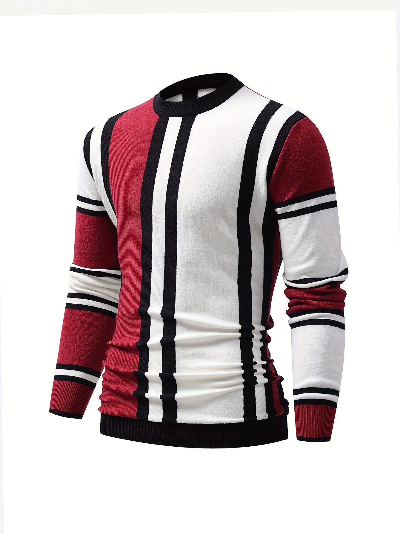 Foruwish - Color Block Design Chic Sweater, Men's Casual Warm High Stretch Crew Neck Pullover Sweater For Fall Winter