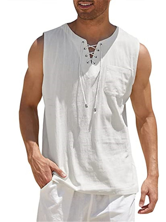 Men's Casual Shirt Summer Shirt Beach Shirt Black White Wine Sleeveless Plain V Neck Summer Outdoor Street Clothing Apparel Lace up