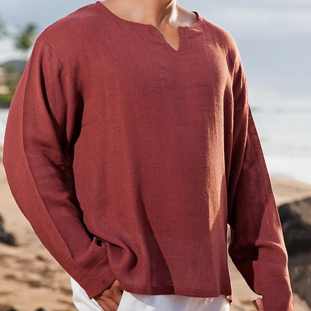 Men's Summer Shirt Beach Shirt Black White Red Long Sleeve Plain V Neck Spring & Summer Hawaiian Holiday Clothing Apparel