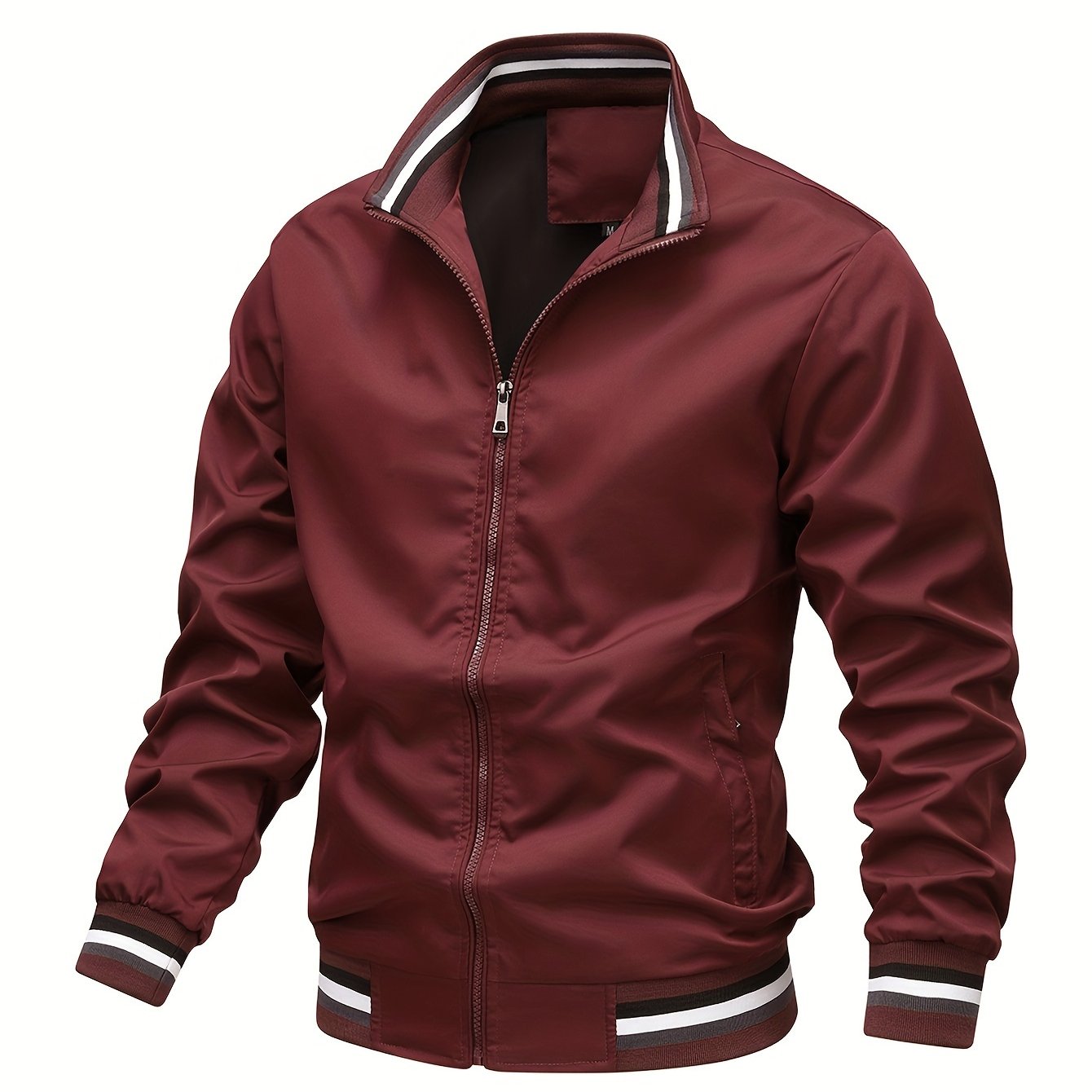 Foruwish - Stripe Edge Bomber Jacket, Men's Casual Stand Collar Zip Up Jacket For Spring Summer Outdoor