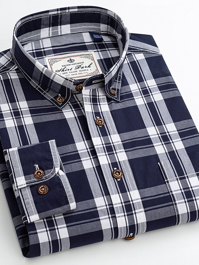 Men's Dress Shirt Plaid Shirt Button Down Shirt Collared Shirt B C D Long Sleeve Plaid / Check Turndown Spring &  Fall Wedding Work Clothing Apparel Button-Down