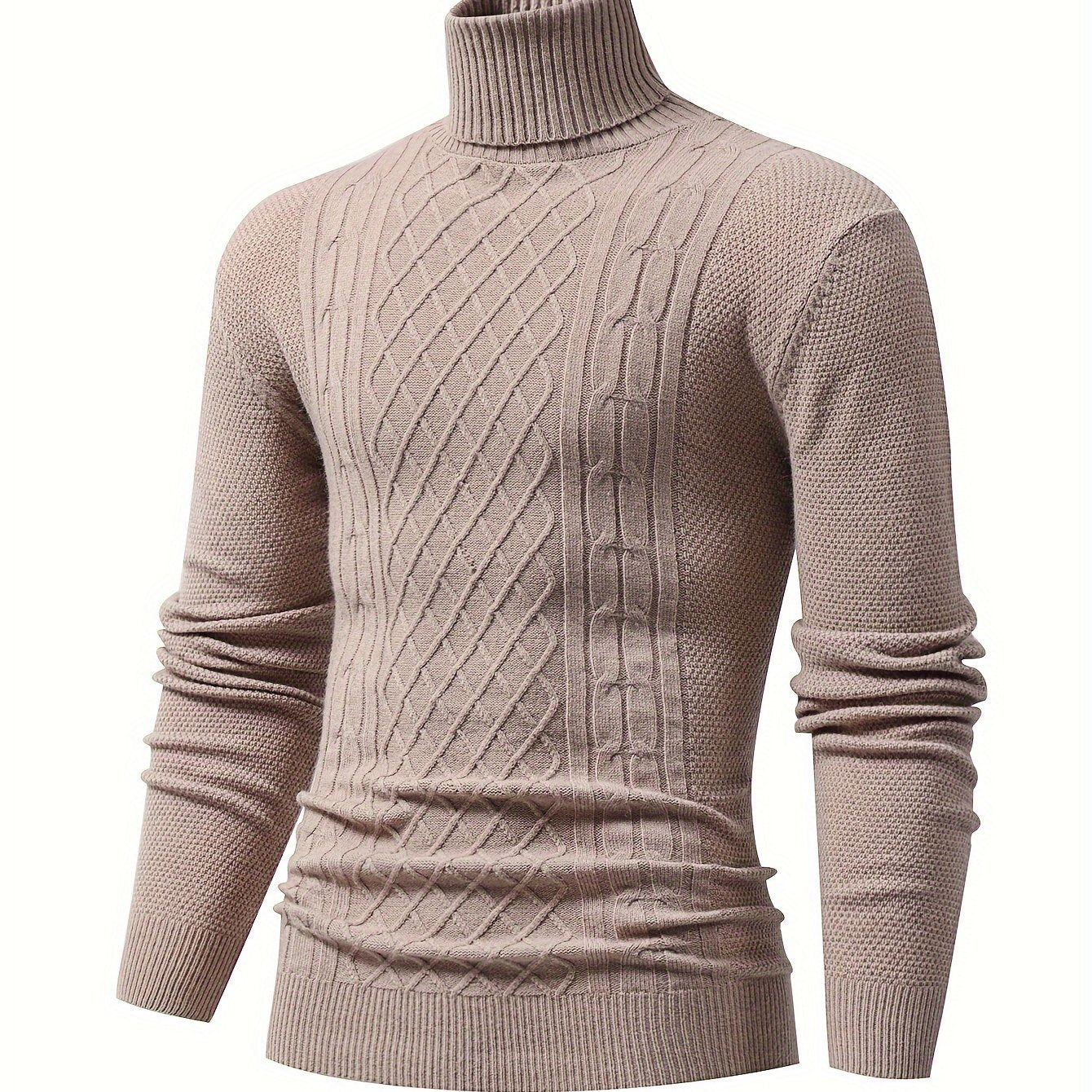 Foruwish - Turtle Neck Knitted Cable Sweater, Men's Casual Warm Solid High Stretch Pullover Sweater For Fall Winter