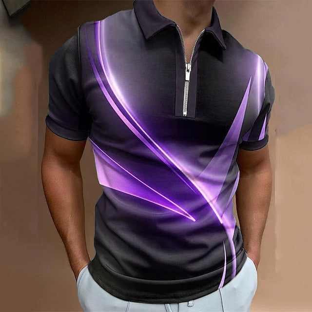 Men's Polo Shirt Golf Shirt Streamer Turndown Black Pink Blue Purple Green 3D Print Street Daily Short Sleeve Zipper 3D Clothing Apparel Fashion Casual Breathable Comfortable