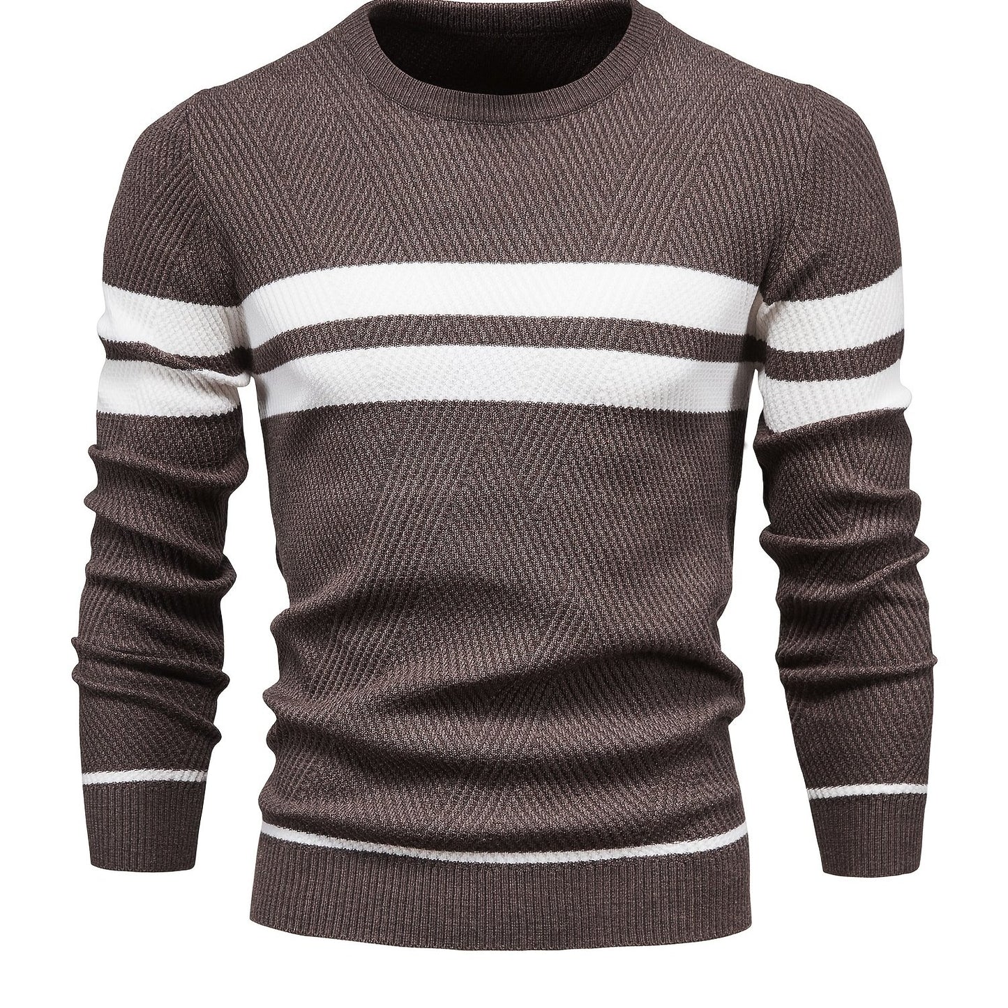 Foruwish - All Match Knitted Striped Pattern Sweater, Men's Casual Warm Slightly Stretch Crew Neck Pullover Sweater For Men Fall Winter