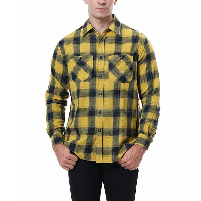 Men's Shirt Flannel Shirt Shirt Jacket Shacket Black White Yellow Long Sleeve Plaid Turndown Spring &  Fall Street Daily Clothing Apparel Button-Down