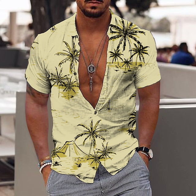 Men's Shirt Summer Hawaiian Shirt Graphic Shirt Aloha Shirt Coconut Tree Turndown Light Yellow Green Blue Purple Yellow Print Outdoor Street Short Sleeve Button-Down Print Clothing Apparel Fashion