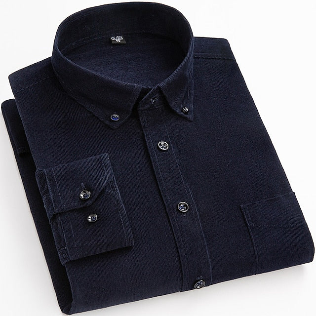 Men's Dress Shirt Button Down Shirt Collared Shirt Corduroy Shirt Wine Black Yellow Long Sleeve Plain Turndown Winter Wedding Party Clothing Apparel Button-Down