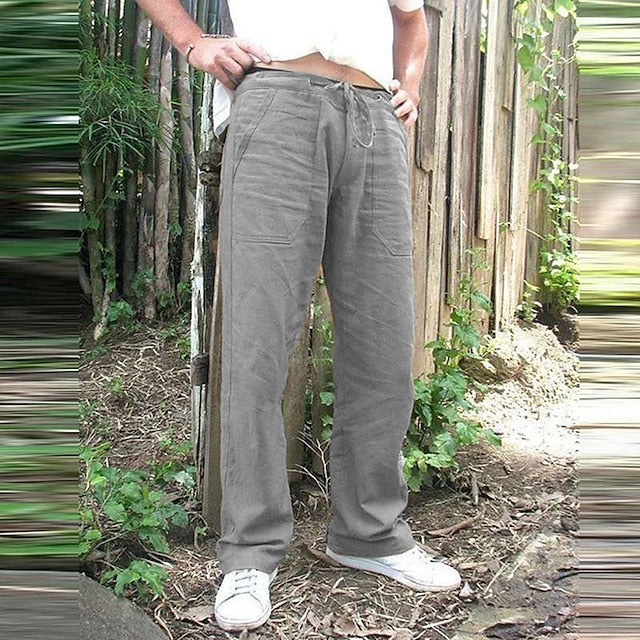Men's Linen Pants Trousers Summer Pants Beach Pants Pocket Drawstring Elastic Drawstring Design Plain Breathable Lightweight Full Length Gym Yoga Linen / Cotton Blend Fashion Streetwear Light Gray