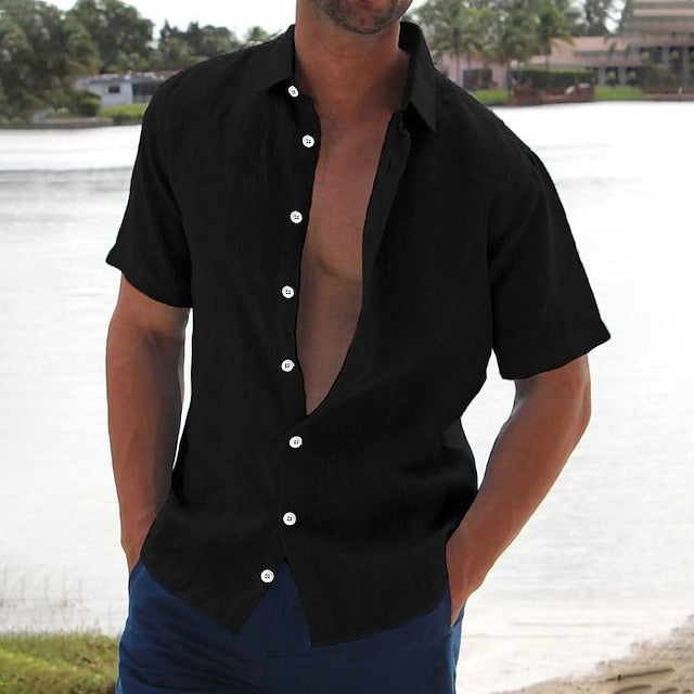 Men's Linen Shirt Summer Shirt Beach Shirt Black White Blue Short Sleeve Solid Color Turndown Summer Hawaiian Holiday Clothing Apparel Button-Down