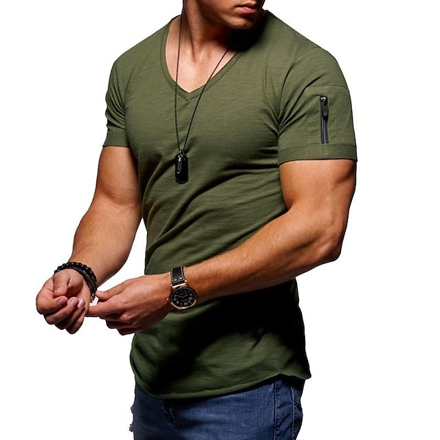 Men's T shirt Tee Tee Plain V Neck Normal Short Sleeve Zipper Clothing Apparel Muscle Esencial