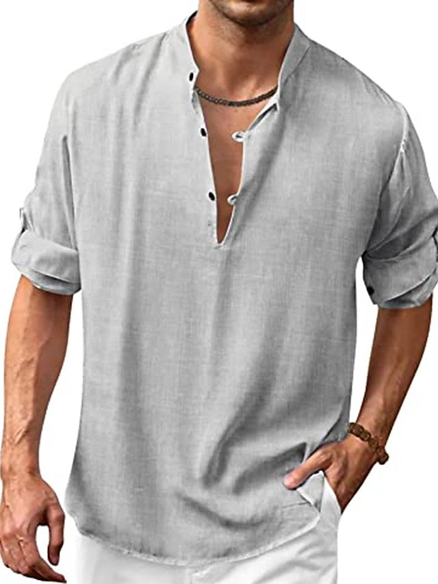 Men's Shirt Popover Shirt Casual Shirt Summer Shirt Beach Shirt Black White Navy Blue Long Sleeve Plain Henley Spring & Summer Casual Daily Clothing Apparel