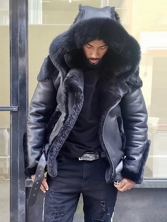 Men's Shearling Coat Winter Jacket Winter Coat Sherpa jacket Outdoor Street Thermal Warm Windproof Pocket Fall Winter Solid Color Streetwear Sporty Hoodie Regular Faux Leather Regular Fit Black Pink