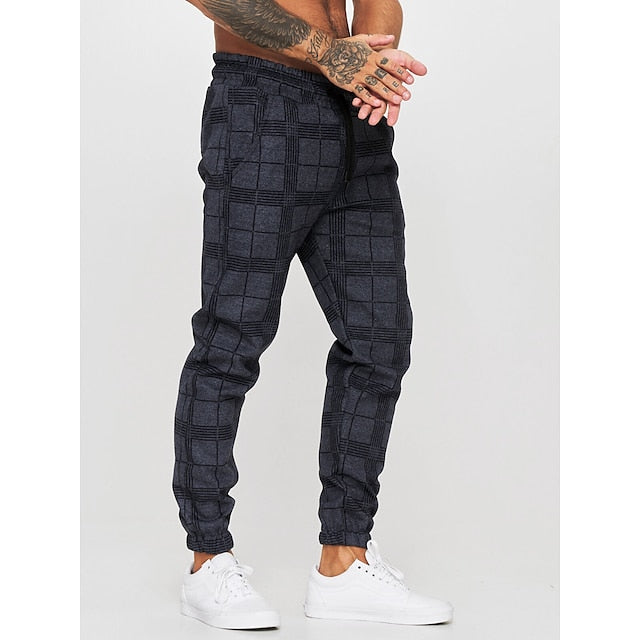 Men's Joggers Trousers Casual Pants Plaid Drawstring Trousers Elastic Waist Print Plaid Geometry Outdoor Sports Full Length Formal Sports Outdoor Streetwear Casual Black White Micro-elastic