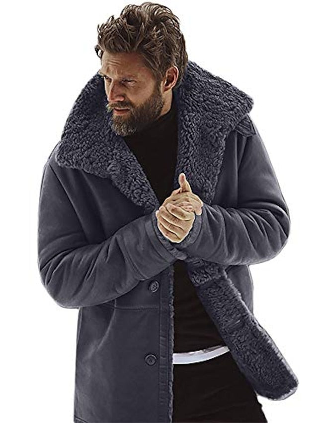 Men's Winter Coat Sherpa jacket Business Causal Warm Vintage Style Retro Fall Winter Solid Color Notch lapel collar Regular Cotton Black Brown Army Green Gray Jacket