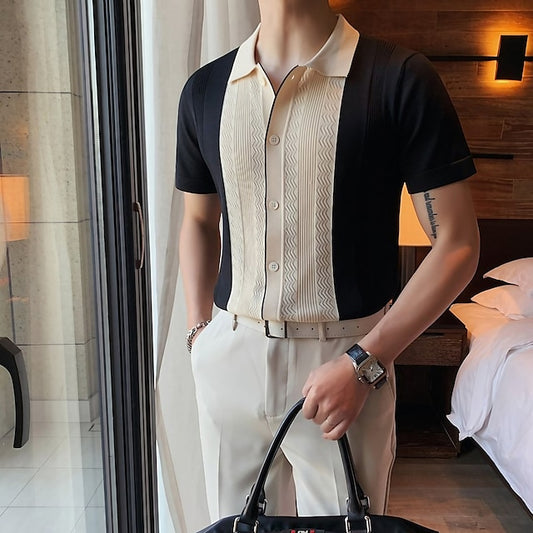 Men's Polo Shirt Knit Polo Sweater Casual Daily Turndown Button Short Sleeve Fashion Chunky Color Block Button Front Summer Spring Fall Regular Fit Black / Gray Yellow Polo Shirt