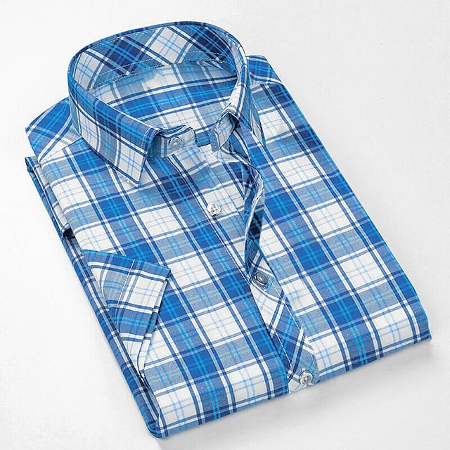 Men's Button Up Shirt Dress Shirt Plaid Shirt Collared Shirt Sea Blue Red Navy Blue Short Sleeve Plaid / Check Turndown Summer Spring Wedding Casual Clothing Apparel