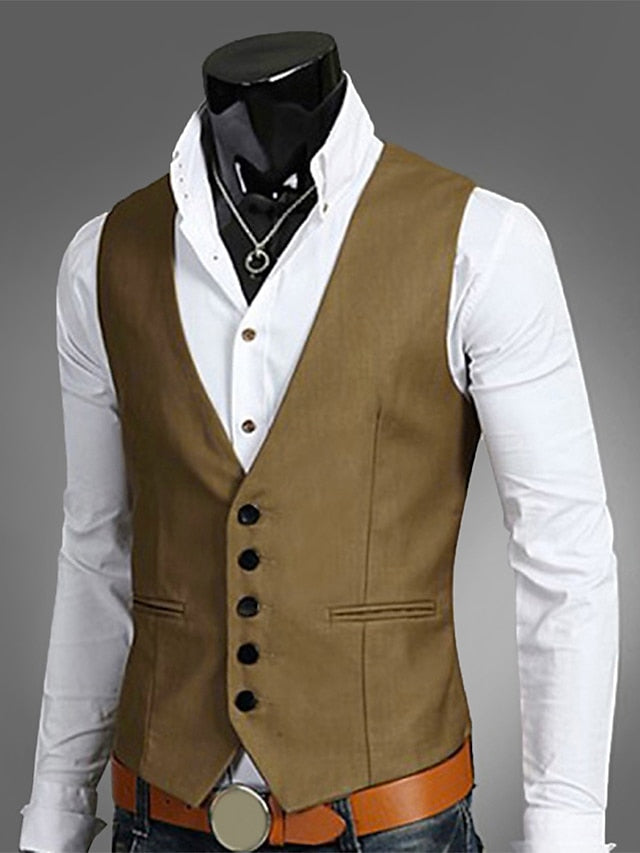 Men's Vest Waistcoat Wedding Work 1920s Smart Casual Polyester Solid Colored Slim Black Navy Blue Brown Vest