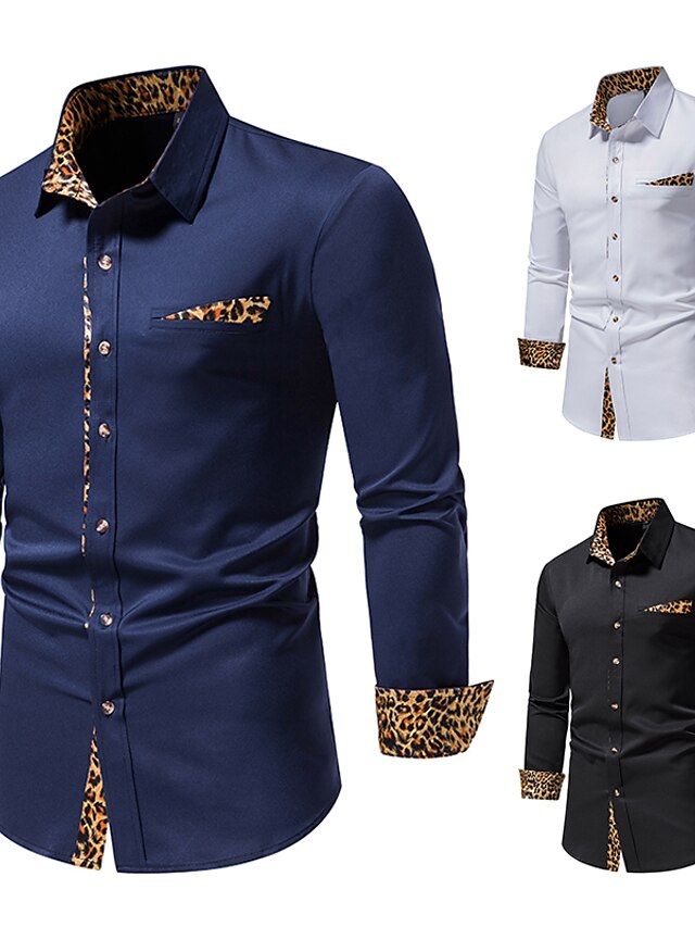 Men's Button Up Shirt Dress Shirt Collared Shirt Black White Navy Blue Long Sleeve Leopard All Seasons Wedding Daily Clothing Apparel