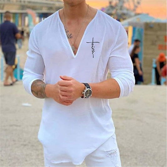 Men's Linen Shirt Shirt Summer Shirt Beach Shirt Black White Blue Long Sleeve Solid Color V Neck Spring & Summer Street Casual Clothing Apparel