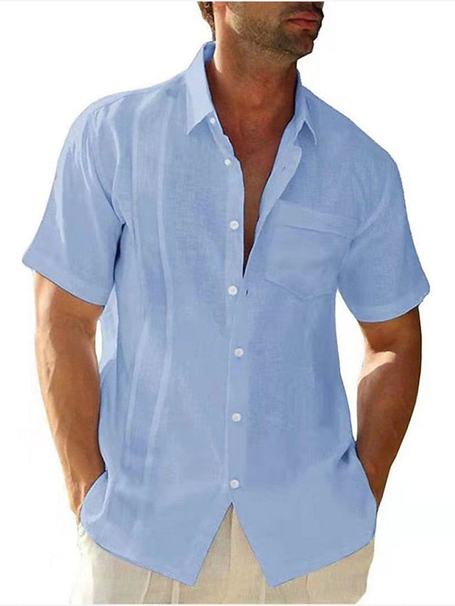 Men's Guayabera Shirt Linen Shirt Summer Shirt Beach Shirt Black White Light Blue Short Sleeve Plain Turndown Summer Outdoor Street Clothing Apparel Button-Down