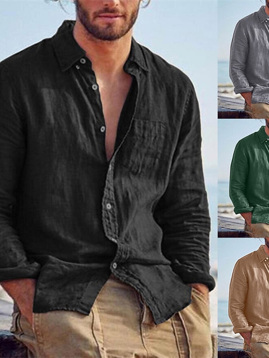 Men's Linen Shirt Shirt Summer Shirt Beach Shirt Black Brown Green Long Sleeve Solid Color Turndown Spring &  Fall Outdoor Street Clothing Apparel Button-Down