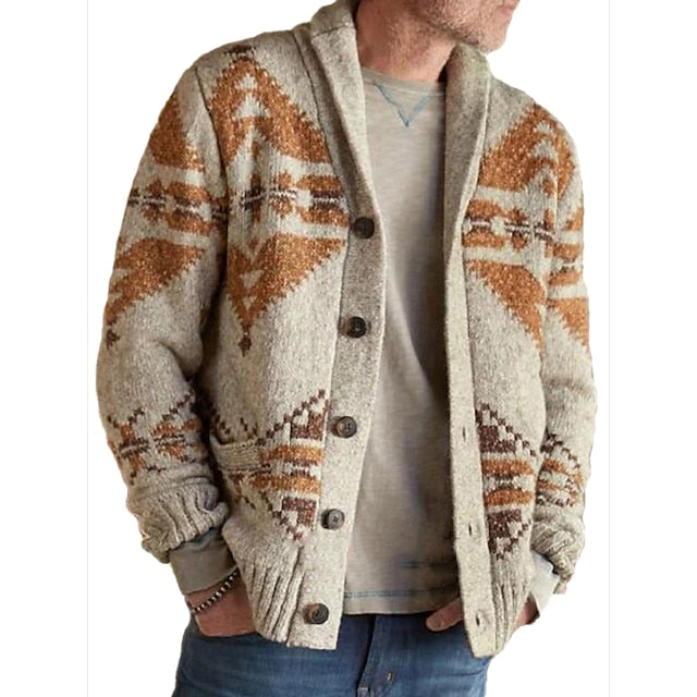 Men's Sweater Cardigan Knit Vintage Style Retro Geometric Shirt Collar Stylish Sweaters Daily Wear Clothing Apparel Fall Winter Khaki Gray M L XL