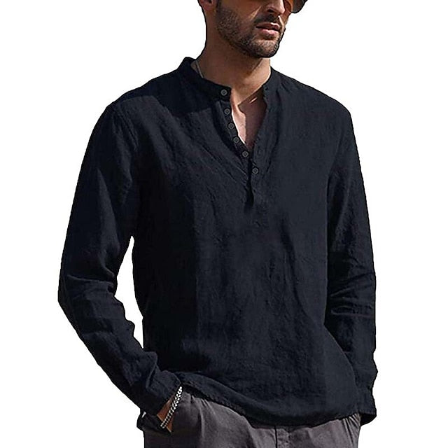 Men's Shirt Linen Shirt Summer Shirt Beach Shirt Black White khaki Long Sleeve Solid Color Collar Street Daily Clothing Apparel