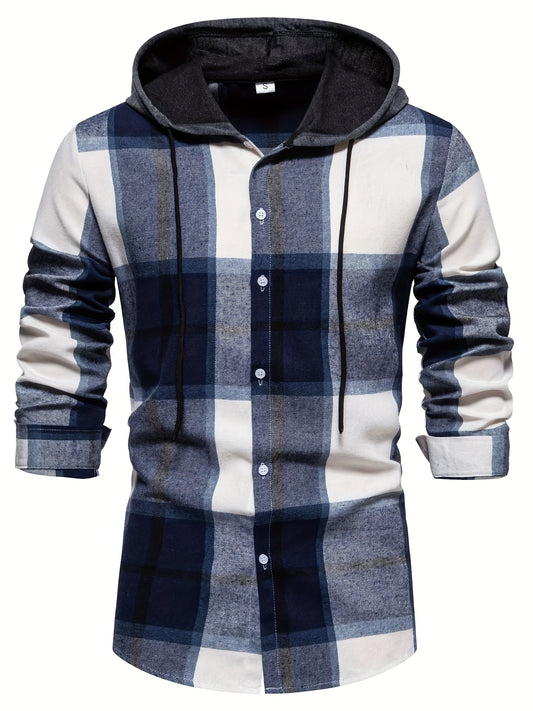 2023 Spring And Autumn New Men's Loose Hooded Plaid Shirt