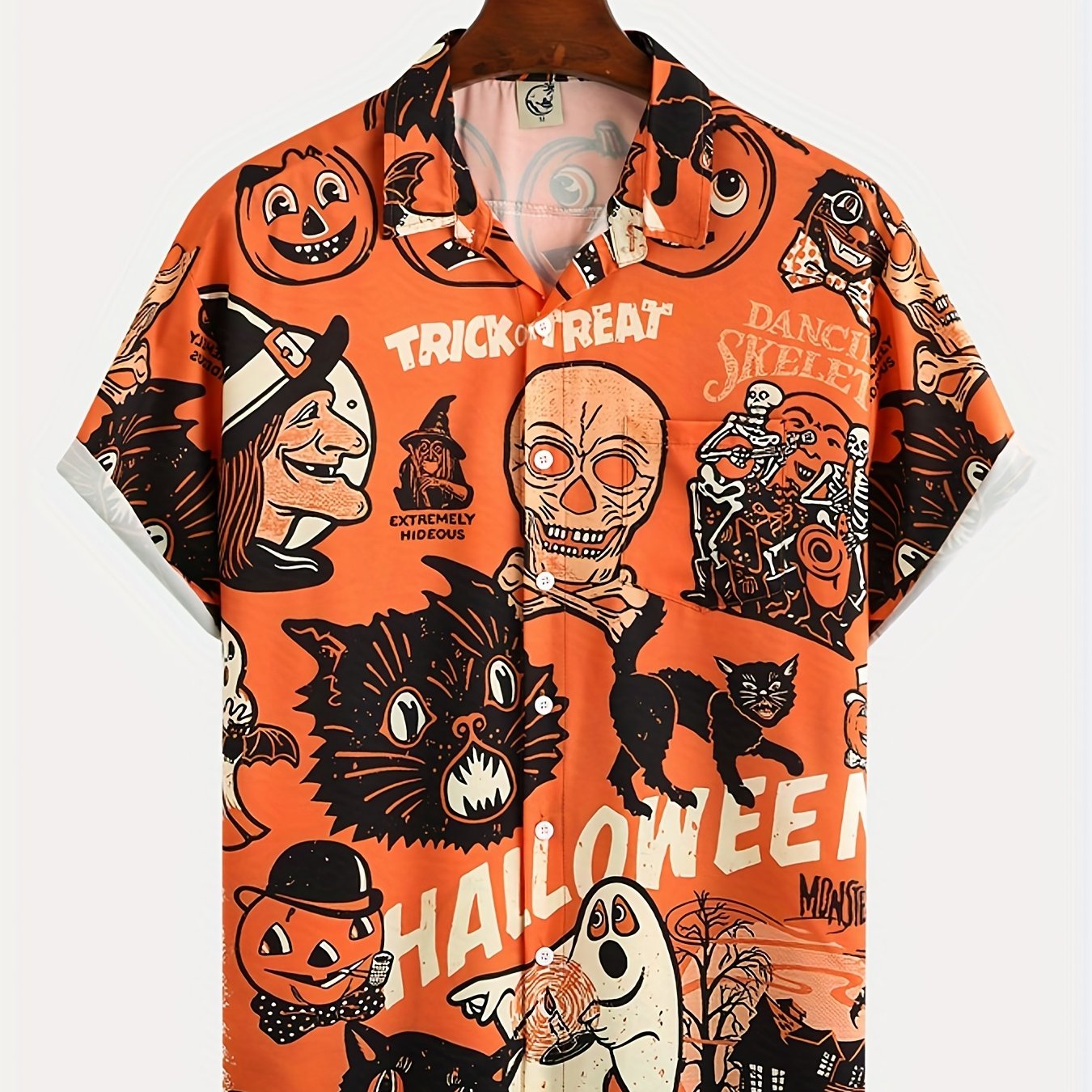 Men's Halloween Print Short Sleeve Lapel Shirt Vintage Bowling Shirt