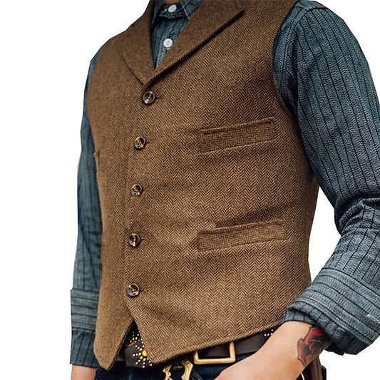 Men's Vest Waistcoat Wedding Event / Party Vintage 1920s Spring Fall Pocket Cotton Blend Breathable Pure Color Single Breasted V Neck Regular Fit Black Army Green Light Grey Green light coffee Coffee