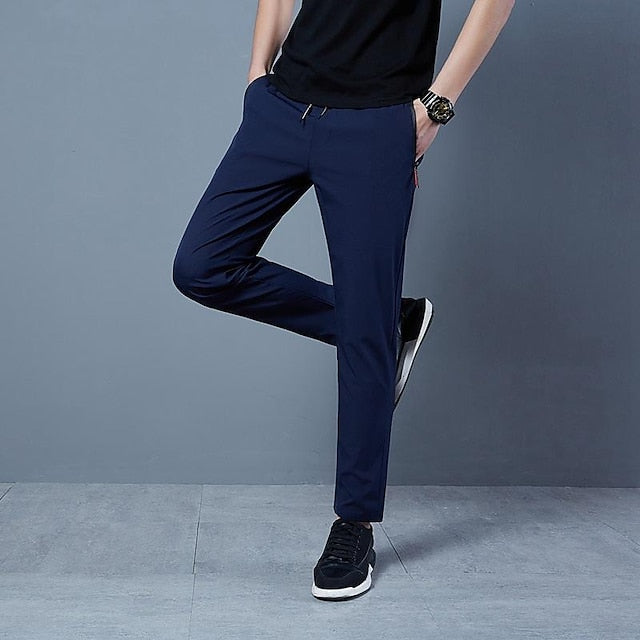 Men's Trousers Casual Pants Drawstring Elastic Waist Zipper Pocket Solid Color Quick Dry Daily Streetwear Classic Casual / Sporty Black Blue