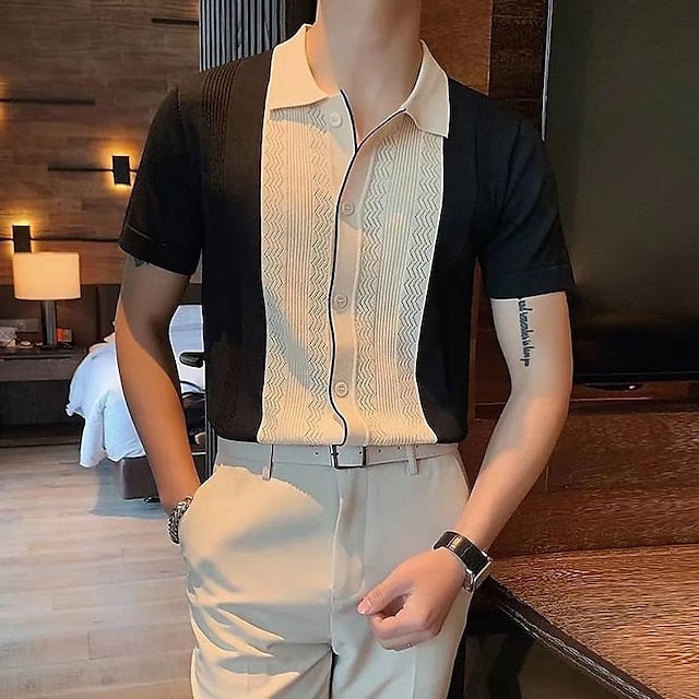Men's Polo Shirt Knit Polo Sweater Casual Daily Turndown Button Short Sleeve Fashion Chunky Color Block Button Front Summer Spring Fall Regular Fit Black Yellow Polo Shirt