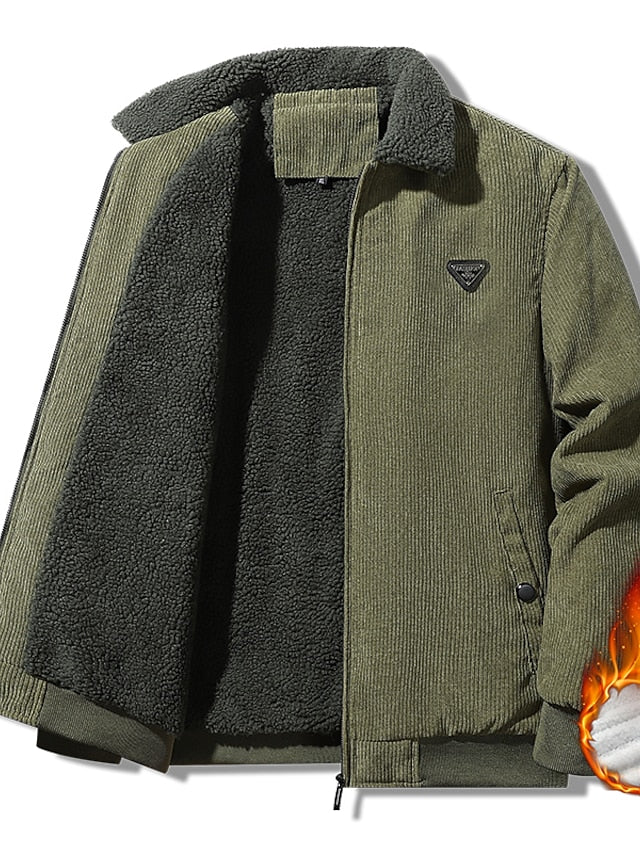 Men's Corduroy Jacket Sherpa Dailywear Causal Warm Wearable Sporty Winter Autumn Solid Color Vintage Regular Black Army Green khaki Dark Gray Jacket