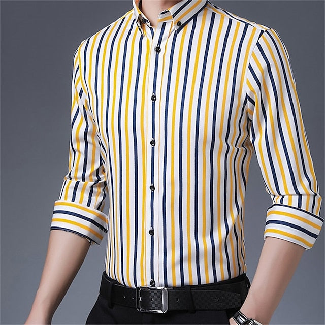 Men's Dress Shirt Black White Yellow Long Sleeve Striped Turndown Spring &  Fall Wedding Outdoor Clothing Apparel Button-Down