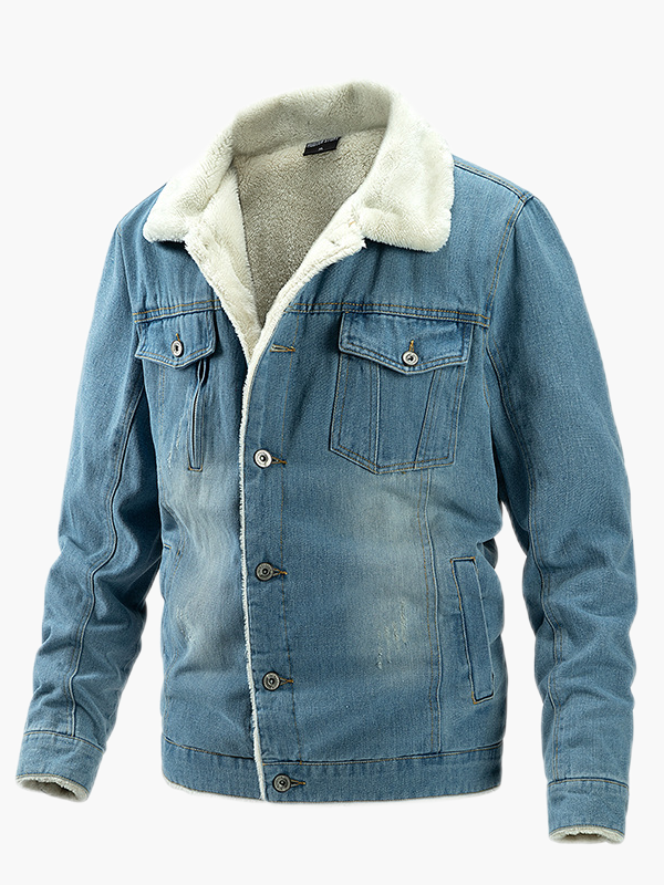 Foruwish - Kayce Dutton Blue Denim Jacket Winter Plus Fleece Warm Jacket Sherpa Lined Turn Down Collar for Cowboy