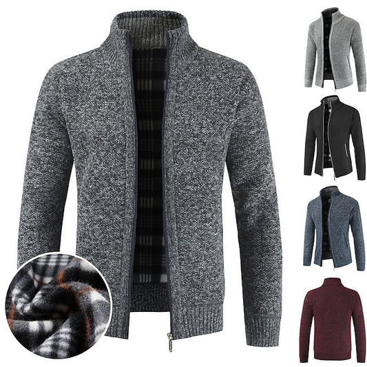 Men's Sweater Cardigan Sweater Zip Sweater Sweater Jacket Fleece Sweater Knit Solid Color Stand Collar Essential Casual Clothing Apparel Winter Black Burgundy S M L