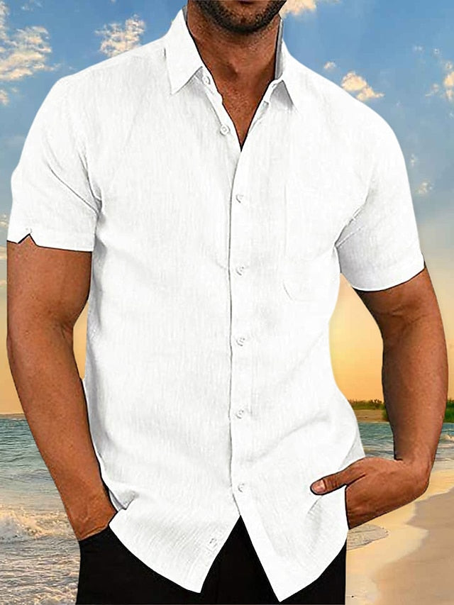 Men's Linen Shirt Shirt Summer Shirt Beach Shirt Black White Green Short Sleeve Plain Collar Daily Hawaiian Clothing Apparel