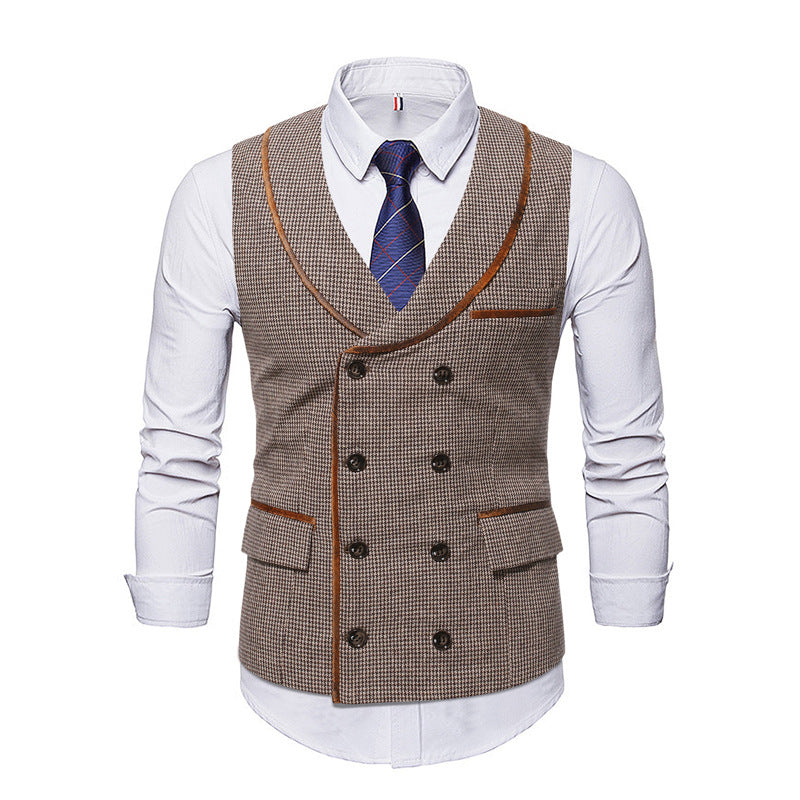 Foruwish - Houndstooth V-Collar Trimmed Double Breasted Men's Casual British Style Vest