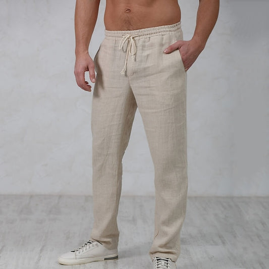 Men's Linen Pants Trousers Summer Pants Beach Pants Drawstring Elastic Waist Straight Leg Plain Comfort Outdoor Casual Daily Linen / Cotton Blend Streetwear Stylish Navy Blue Khaki