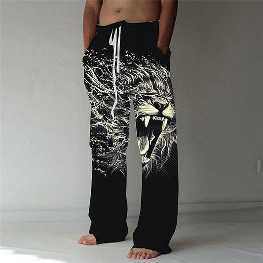 Men's Trousers Summer Pants Beach Pants Elastic Drawstring Design Front Pocket Straight Leg Animal Lion Graphic Prints Comfort Soft Casual Daily Fashion Designer Black Green