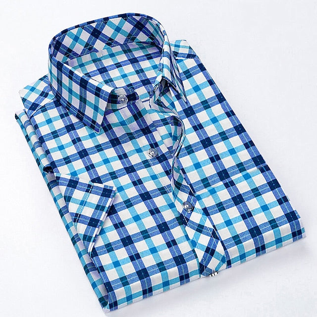 Men's Button Up Shirt Dress Shirt Plaid Shirt Collared Shirt Sea Blue Red Navy Blue Short Sleeve Plaid / Check Turndown Summer Spring Wedding Casual Clothing Apparel