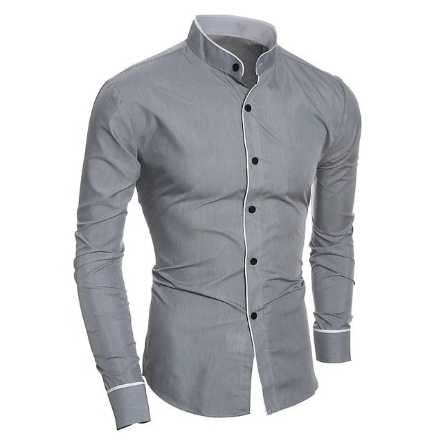 Men's Dress Shirt Button Down Shirt Collarless Shirt Black White Gray Long Sleeve Symbol Stand Collar Spring &  Fall Wedding Street Clothing Apparel Button-Down