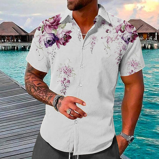 Men's Shirt Linen Shirt Floral Graphic Prints Turndown Red Gray Outdoor Street Short Sleeves Print Clothing Apparel Linen Fashion Designer Casual Soft