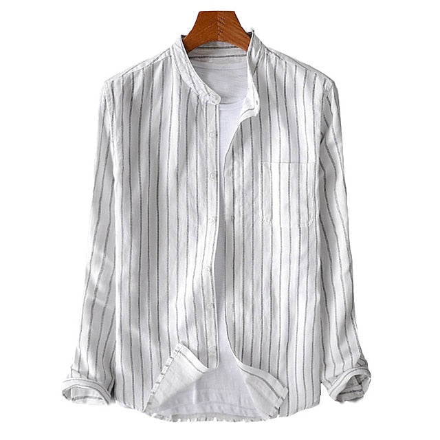 Men's Summer Shirt Beach Shirt Black White Gray Long Sleeve Striped Stand Collar Spring &  Fall Street Daily Clothing Apparel Button-Down