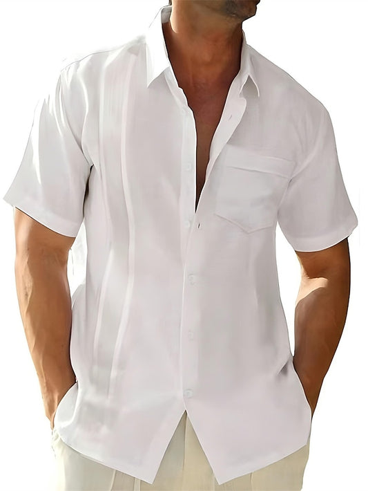 Men's Guayabera Shirt Linen Shirt Summer Shirt Beach Shirt Black White Light Blue Short Sleeve Plain Turndown Summer Outdoor Street Clothing Apparel Button-Down