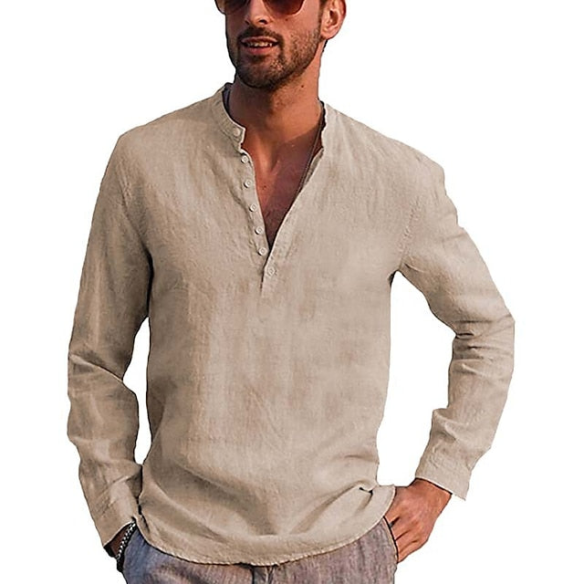 Men's Shirt Linen Shirt Summer Shirt Beach Shirt Black White khaki Long Sleeve Solid Color Collar Street Daily Clothing Apparel